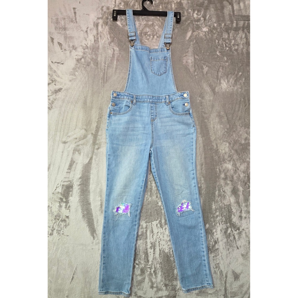 Cat & Jack Girls Light Wash Denim Overalls Purple Sequin Distressed XL 14/16